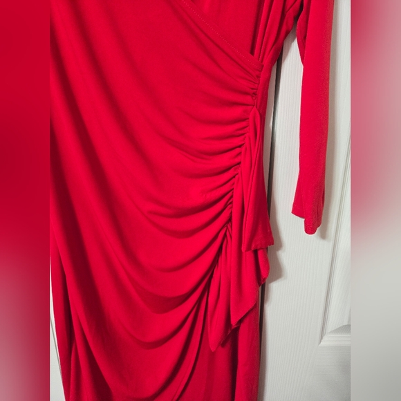 Calvin Klein Red Long Sleeved Dress, Size 8, Ruched At Waist, Faux Wrap, EUC - Picture 7 of 10